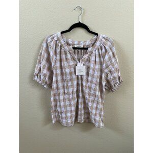 Beachlunchlounge XS Beige White Checkered Cotton Blouse Puff Sleeves NEW